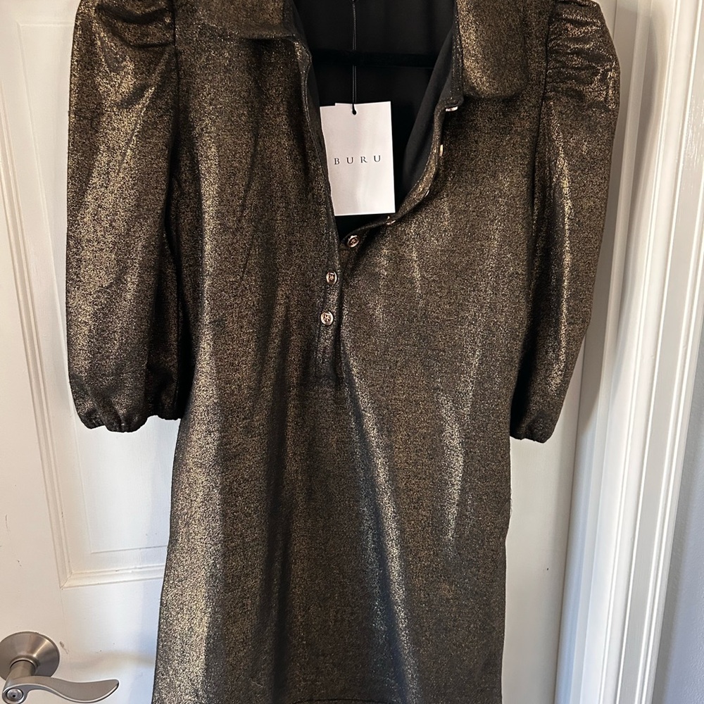 NWT BURU Metallic Gold Dress with Puff Sleeves